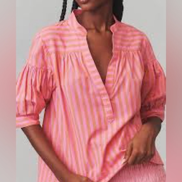 Anthropologie Tops - Anthropologie striped pink and orange puff sleeve shirt EUC